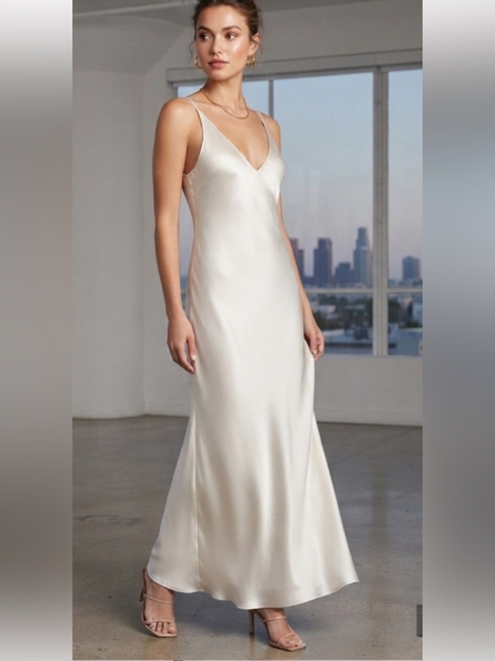 FREDERICK’S OF HOLLYWOOD Off White Satin Strappy Maxi Slip Dress Sz Small